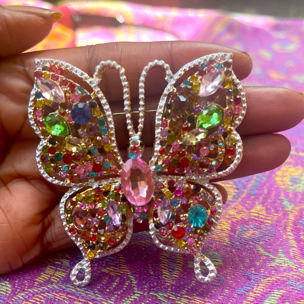 New Big and Bold Stunningly Beautiful multi colored Rhinestone Butterfly.